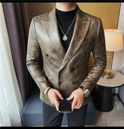 Brand Retro Leather Suit Jacket Men British Style Double Breasted Casual Business Blazers Wedding Groom Party Banquet Jackets