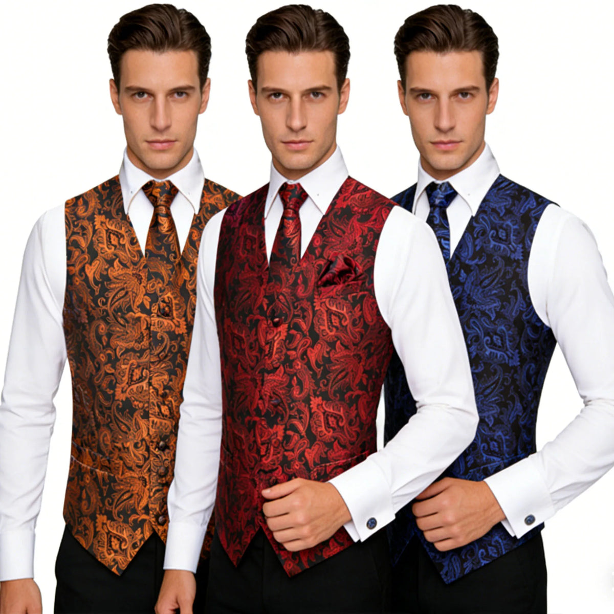 Men's Paisley Suit Vest Tie Set – Royal Blue, Red, Brown & Orange | Wedding & Business Waistcoat