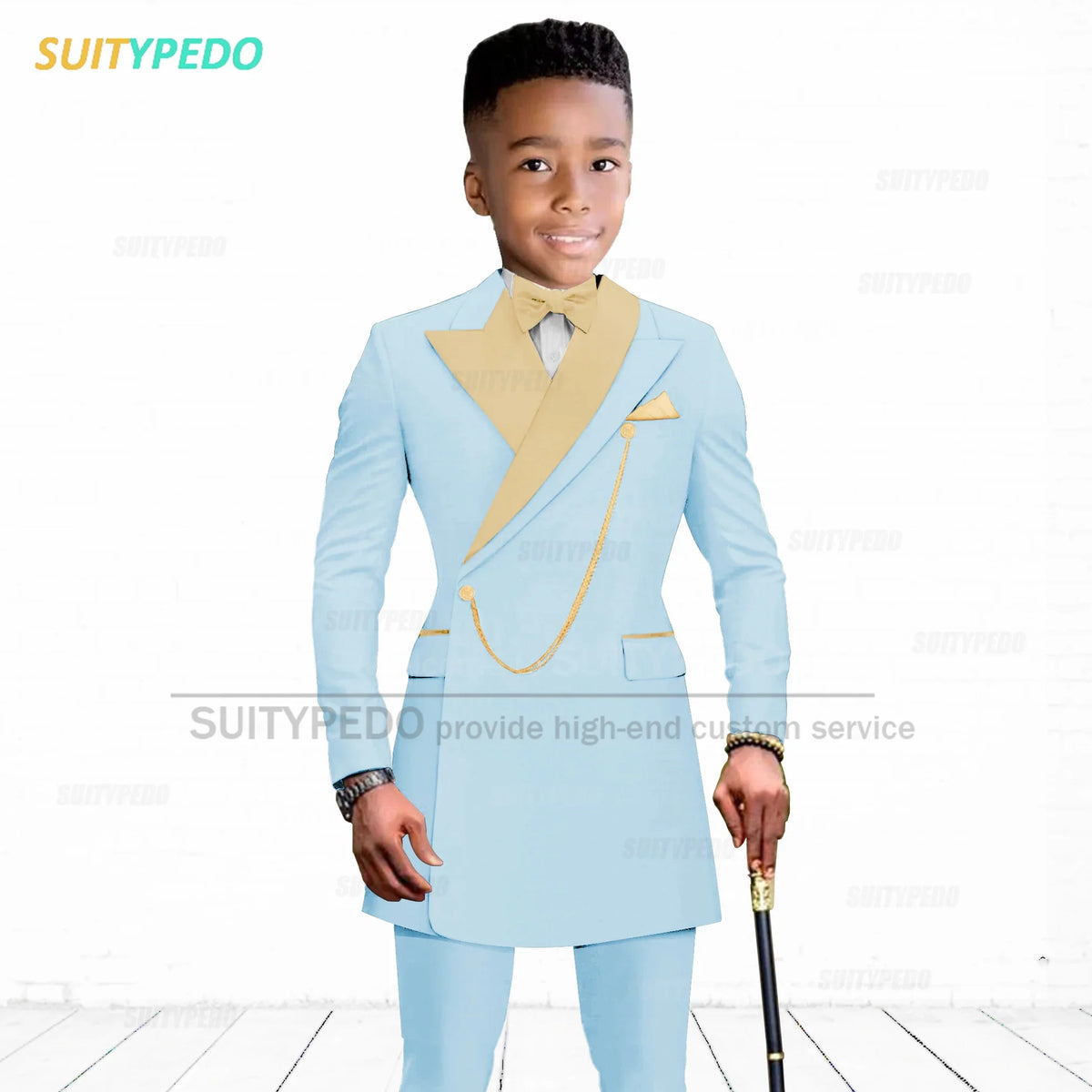 Brief Kids Suit Set  Formal Evening Prom Boys Stylish Gold Lapel Blazer And Pants Two Pieces Children Baptism Formal Costumes