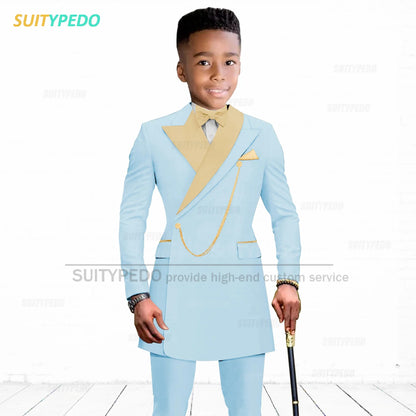 Brief Kids Suit Set  Formal Evening Prom Boys Stylish Gold Lapel Blazer And Pants Two Pieces Children Baptism Formal Costumes
