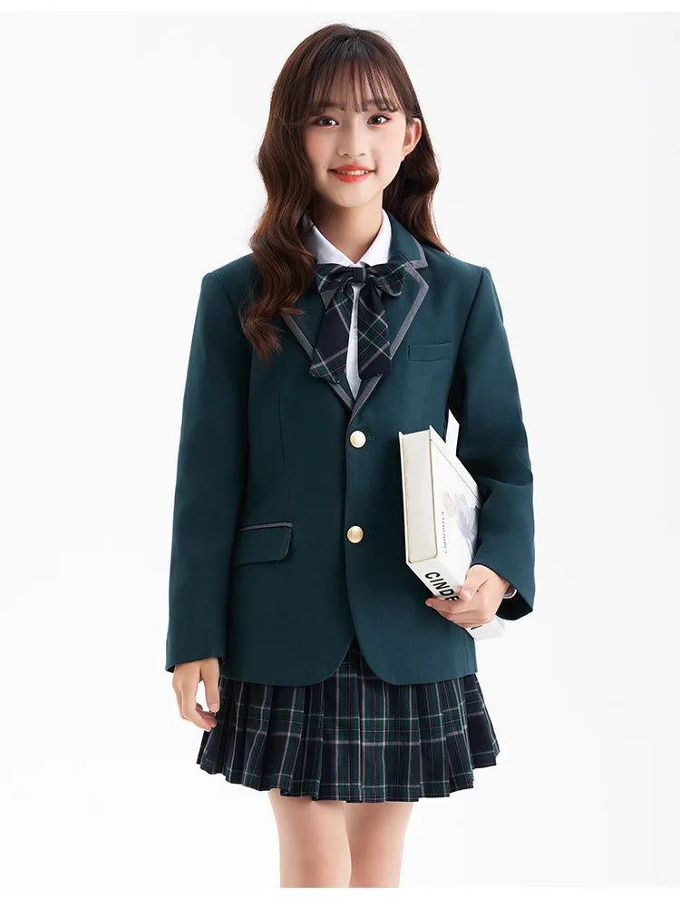 Boys Green Blazers Pants School Uniform Girls Jacket Skirt Shirt Tie Suits Kids Formal Dress Tuxedo Children Student Clothes Set