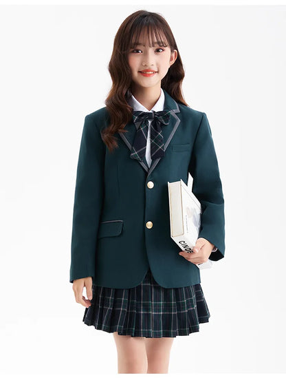 Boys Green Blazers Pants School Uniform Girls Jacket Skirt Shirt Tie Suits Kids Formal Dress Tuxedo Children Student Clothes Set