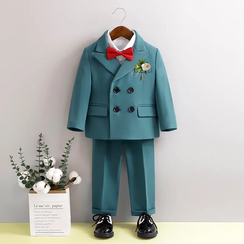 Flower Boys Wedding Outfit Kids Spring Autumn Jacket Vest Pants Bowtie Brooch 5Pieces Suit Set Children's Performance Costume
