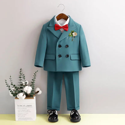 Flower Boys Wedding Outfit Kids Spring Autumn Jacket Vest Pants Bowtie Brooch 5Pieces Suit Set Children's Performance Costume