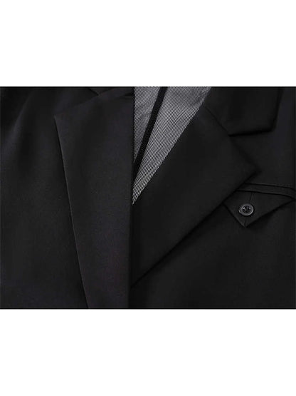 Women's Black Gothic Mesh Patchwork Blazer Coat Vintage Streetwear Harajuku Emo 2000s Suit Jacket Long Sleeve Outerwear Clothes