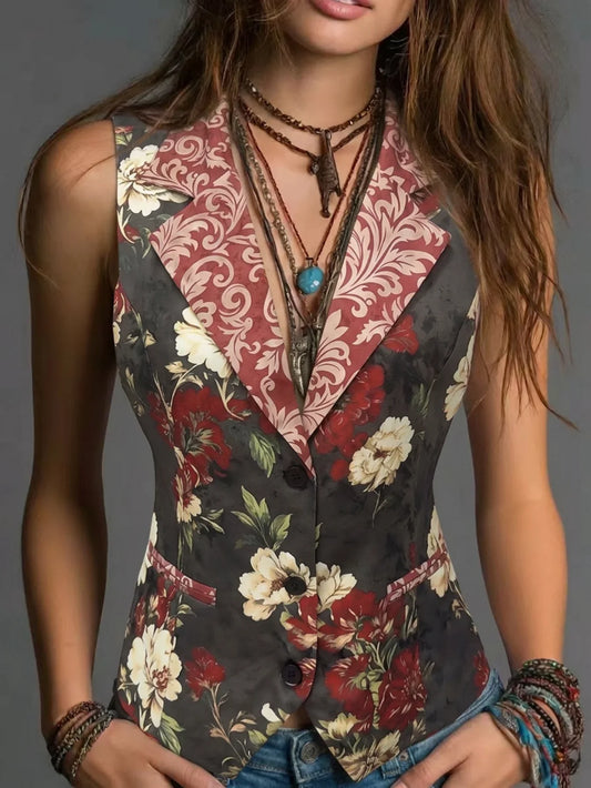 Elegant Printed Waistcoat for Spring Summer Autumn Stylish Lapel Sleeveless Vest with Faux Pockets
