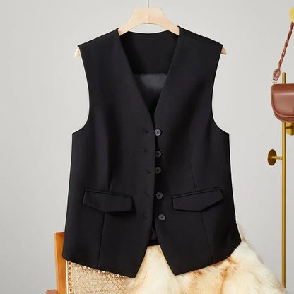2025 New Women's Blazer High End Casual Vest Waistcoat Female Commuting Slimming Collar Less Sleeveless Short Suit Jacket Lined