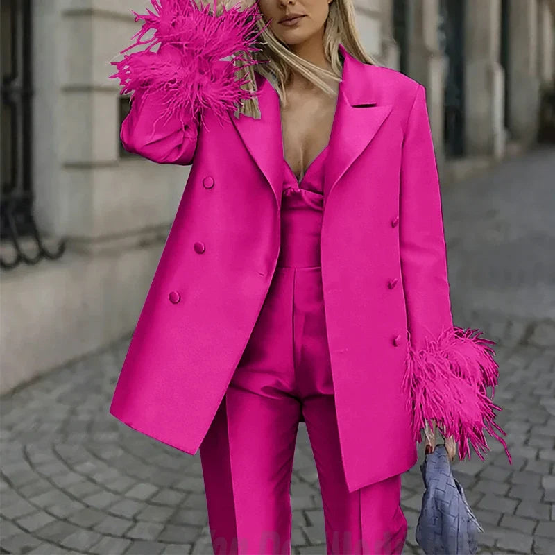 Classic Satin Women's Suit Set 2 Piece Exquisite Feather Double Breasted Jacket With Pants Evening Party Luxury Trouser Suits