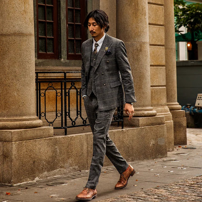 Retro British Style Double Breasted Suit Jacket Men's Checkered Business Formal Suit Wedding Professional Suit