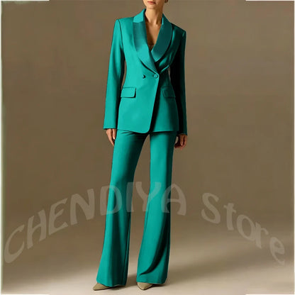 Classic Shawl Lapel Suit For Women Elegant Double Breasted Outfit Solid Color Two Piece Straight Modern Style Office Wear