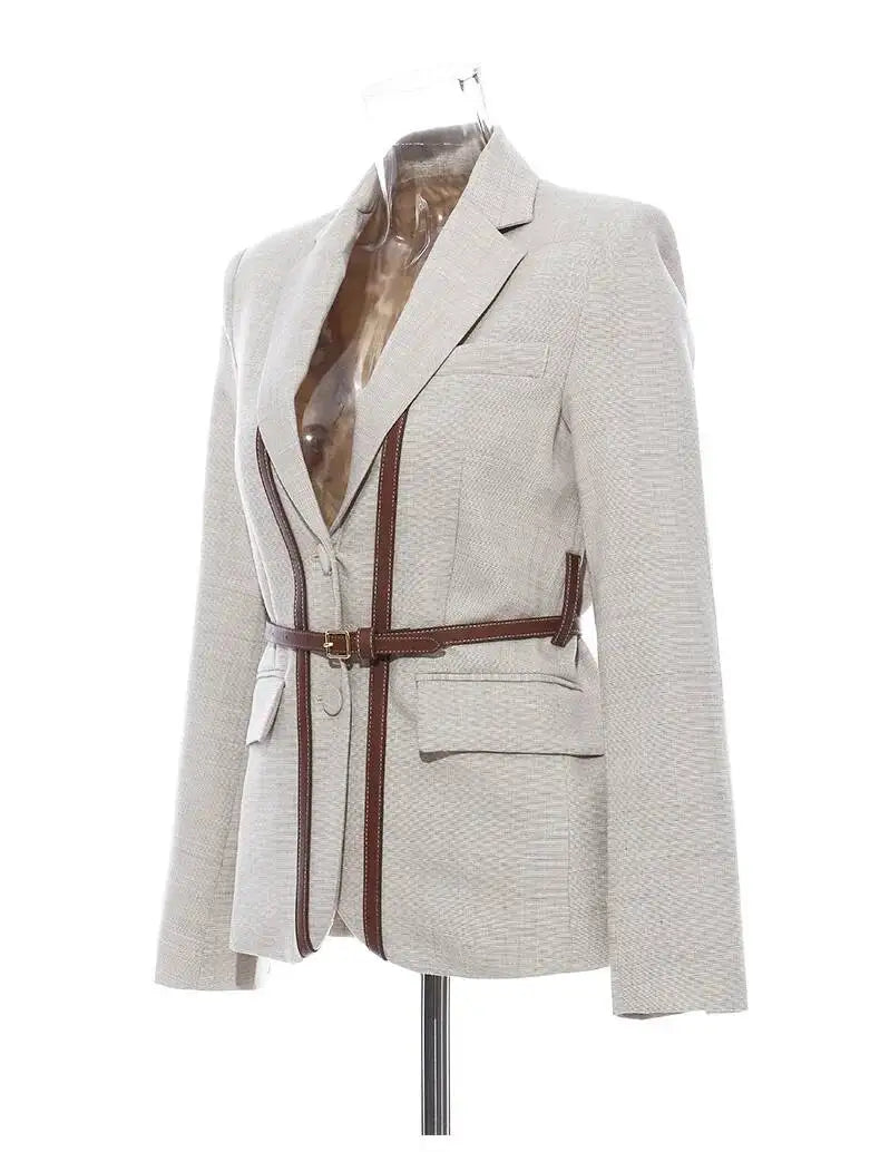 Women Blazer Contrast Color Spliced PU Leather Belted Slim Fit Single Breasted Elegant Urban High-end Jacket Spring HK10667