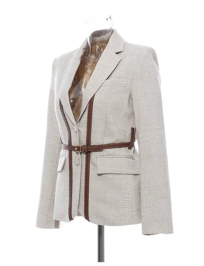 Women Blazer Contrast Color Spliced PU Leather Belted Slim Fit Single Breasted Elegant Urban High-end Jacket Spring HK10667