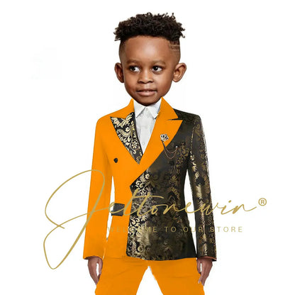 Black And Gold Floral Wedding Boys Suit Double Breasted Formal Kids Blazer Set Party Dress Child Tuxedo Jacket Pants 2 Piece Set