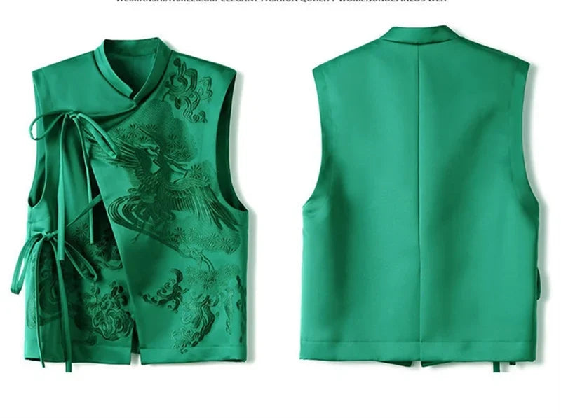 2026 Spring Summer Vintage Embroidery Green Lace Chinese Vest Jacket Chinese Style Waistcoats Outerwear Female Sleeveless Jacket