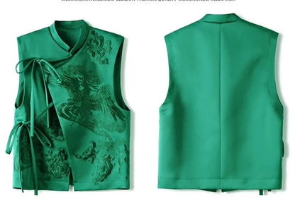 2026 Spring Summer Vintage Embroidery Green Lace Chinese Vest Jacket Chinese Style Waistcoats Outerwear Female Sleeveless Jacket