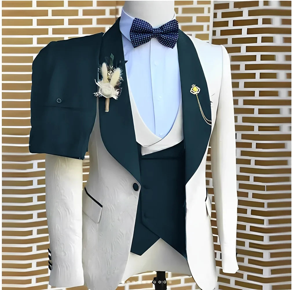 White Jacquard Elegant suits Men For Wedding Formal Jacket Vest Pants 3 Pieces Groomsman Tuxedos Tailored Male Fashion Clothing
