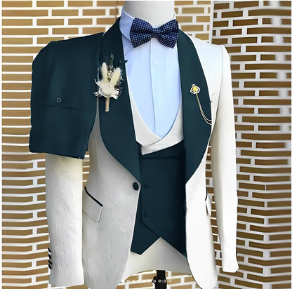 White Jacquard Elegant suits Men For Wedding Formal Jacket Vest Pants 3 Pieces Groomsman Tuxedos Tailored Male Fashion Clothing