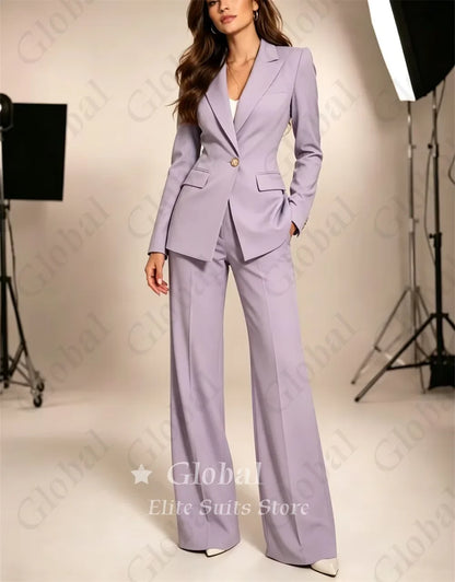 Light Blue Women 2 Piece Pantsuit Single Button Fitted Blazer Wide Leg Pants Elegant Formal Office Business Wedding Customized