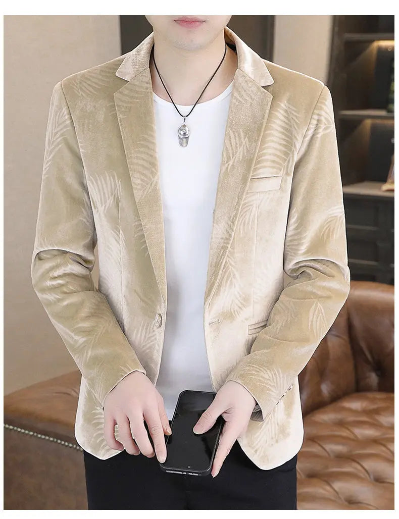 Blazer Men's Fashion Business Gentleman Groom Professional Gentleman Casual Velvet Bamboo Leaf Flower Dress High-end Blazer