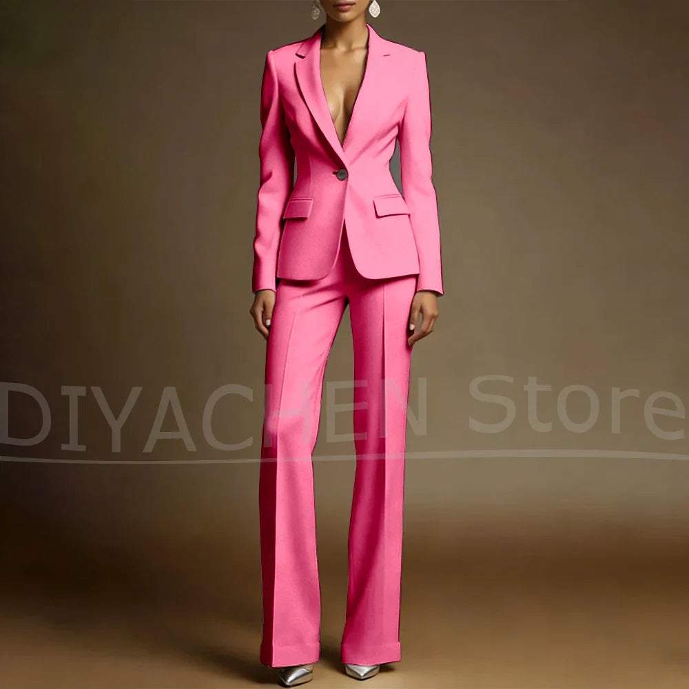 Women's White Suit Set Slim Fit Two Piece Jacket and Wide Leg Pants Office Casual Formal Occasions Elegant Female Outfit