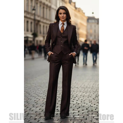 Chic Women Striped Suit 3 Piece Fashion Peak Lapel One Button Outfit Formal Office Work Casual Suits (Blazer+Vest+Pants)