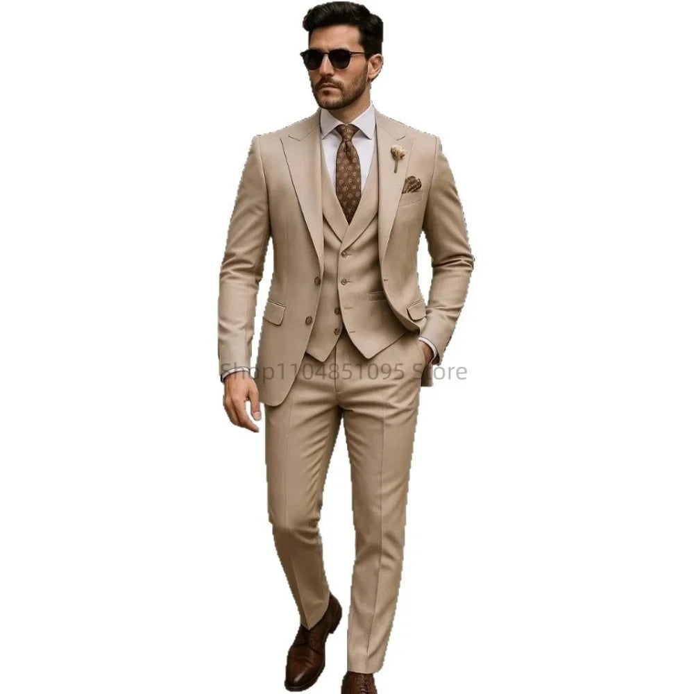 Costume de mariage formel trois pièces pour homme, avec revers crantés, veste unie, gilet et pantalon, pour soirée de bal, décontracté ou affaires