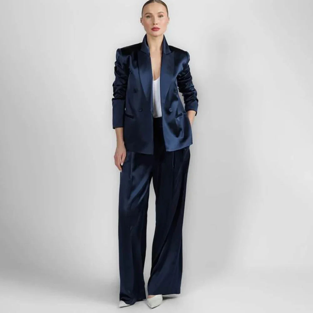 Women's Navy Blue Satin Double Breasted Suit Professional Luxury 2 Pieces Jacket Pants Set Formal Banquet Party Lady Outerwears