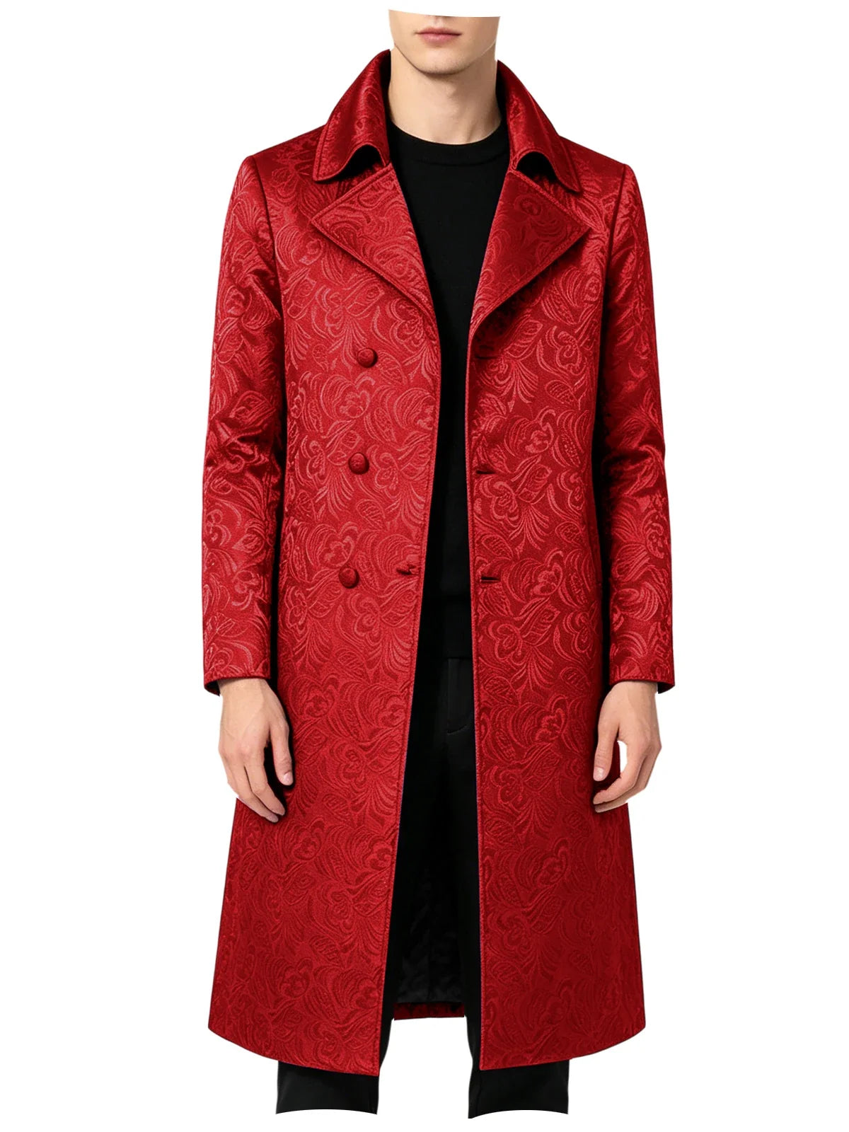 Men Luxury Jacquard Long Trench Coat Lapel Formal Overcoat Outerwear For Wedding Prom Banquet Club Evening Business Stage Party