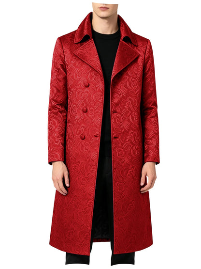 Men Luxury Jacquard Long Trench Coat Lapel Formal Overcoat Outerwear For Wedding Prom Banquet Club Evening Business Stage Party