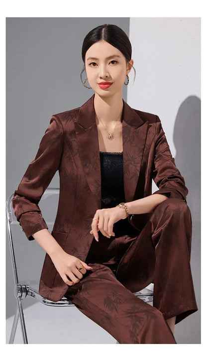 Two-Piece Leaf Print Blazer Pantsuits Set for Women Office Ladies Business Single Buttons Formal Spring Autumn Trousers Suit