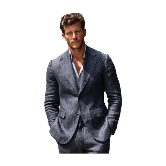Leisure Men's Suit 2 Pieces Blazer Pants Bow Collar Linen Fabric Wedding Tuxedos Work Business Formal Customized M529