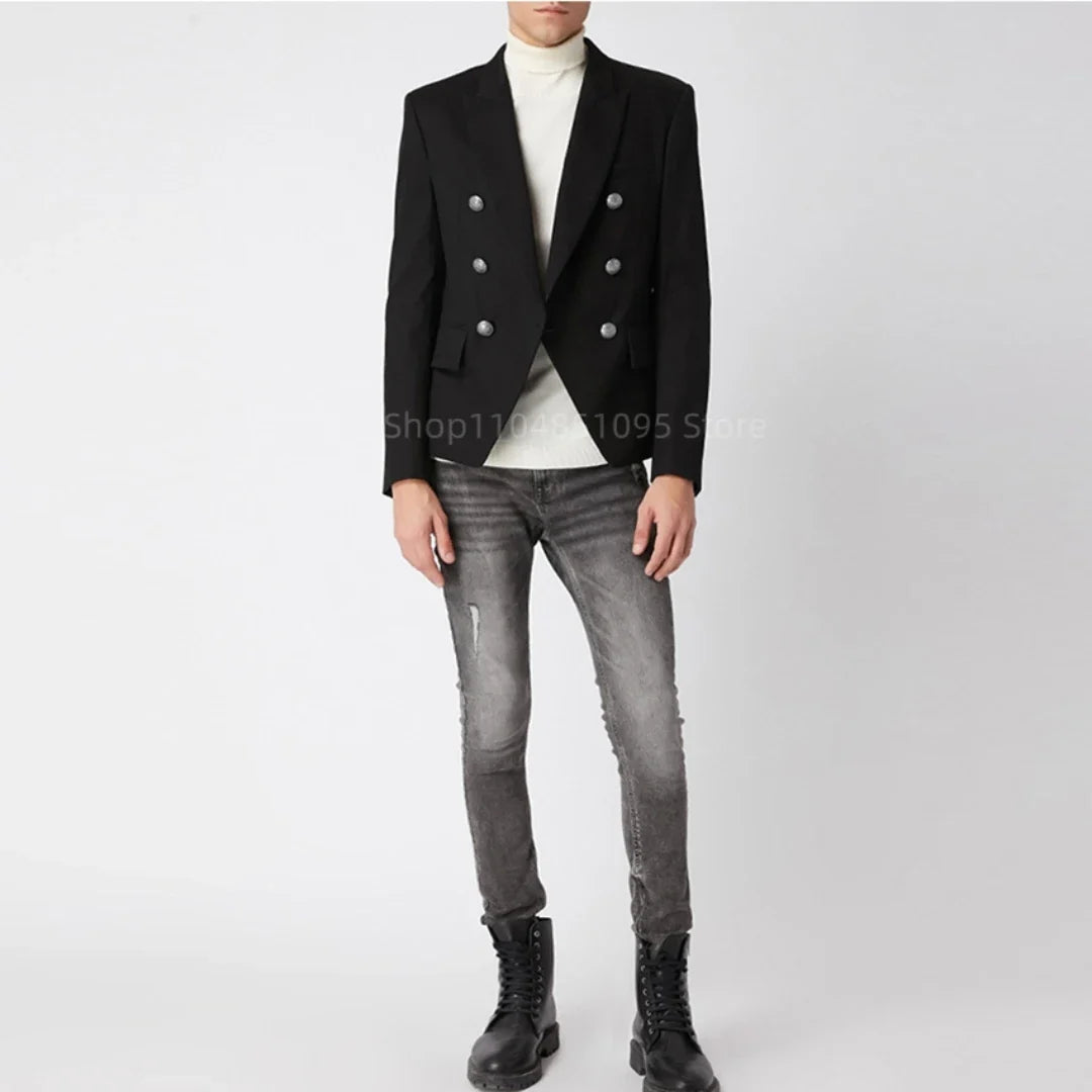 Men's Slim Fit Peak Lapel Double Breasted Blazer Jacket Fashion Male Coat Business Casual for Party Banquet Spring Autumn Coat
