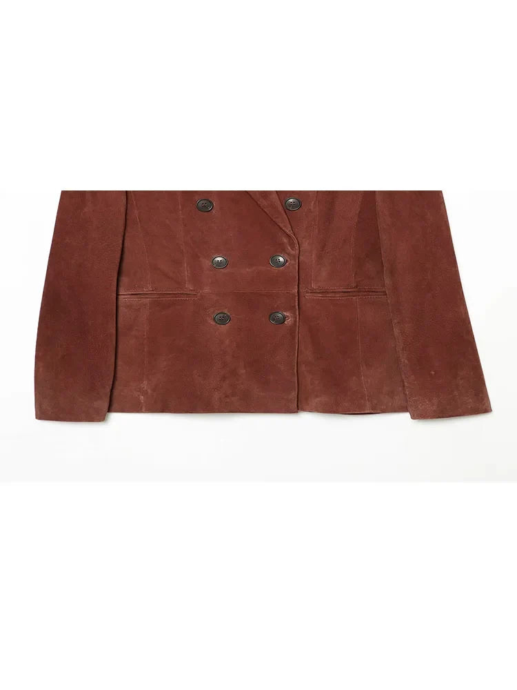 Vintage Women's Suede Texture Slim Blazer 2026 Autumn Double Breasted Lapel Suit Jacket Female Elegant Office Coat Outerwear