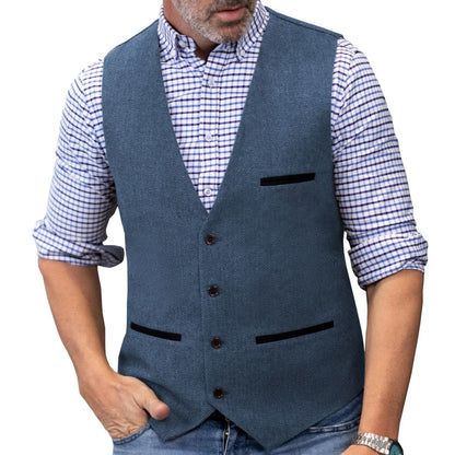 Men's Herringbone Tweed Vest Single Button V-Neck Waistcoat for Weddings and Formal Occasions