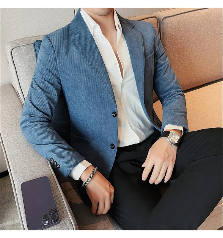 2023 Fashion Men's Corduroy Blazers Top Quality Business Casual Suit Jackets Slim Fit Wedding Groom Streetwear Social Dress Coat