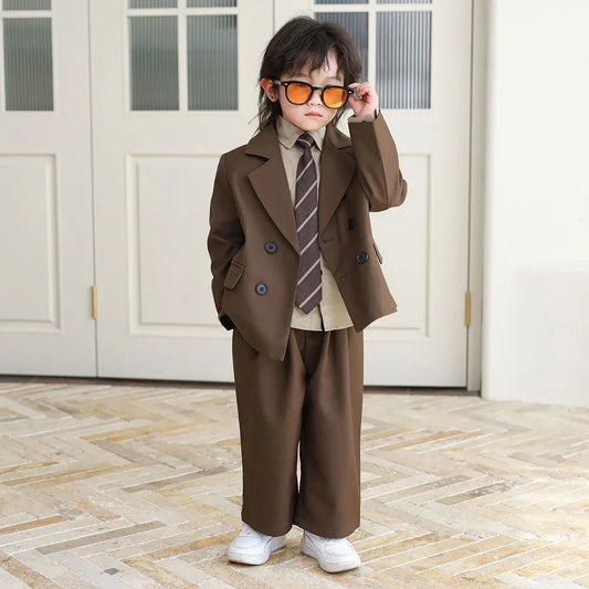 Little Boy Suit Set Double Breasted Notch Lapel Jacket Pants Solid Color Casual Fashion Kids Clothing Birthday Party Formal Wear