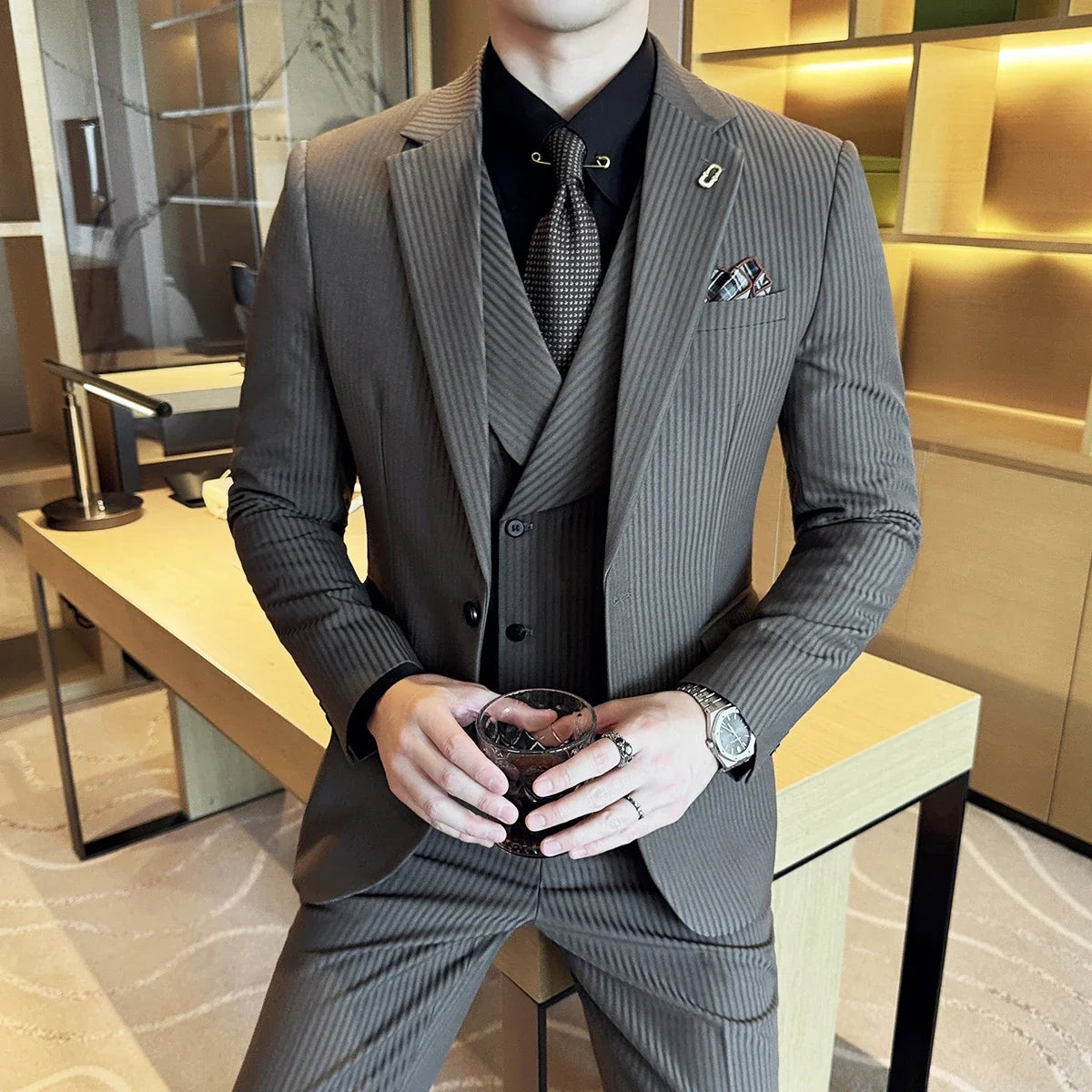 (Jackets+Pants+Vest) Luxury Stripe Men Suit Korean Version Fashion Elegant Slim Fit Tuxedo Formal Groom Wedding Social Suits
