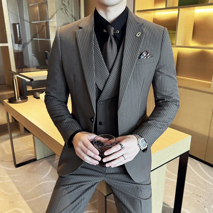 (Jackets+Pants+Vest) Luxury Stripe Men Suit Korean Version Fashion Elegant Slim Fit Tuxedo Formal Groom Wedding Social Suits