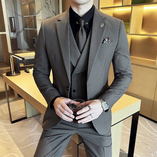 (Jackets+Pants+Vest) Luxury Stripe Men Suit Korean Version Fashion Elegant Slim Fit Tuxedo Formal Groom Wedding Social Suits