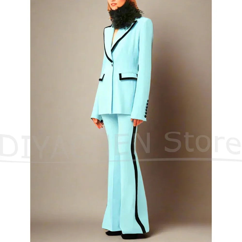 New Women's Suit Set with Black Trim Fashion Blazer with Flared Pants Two Piece Vintage Elegant Wedding Party Prom Suits