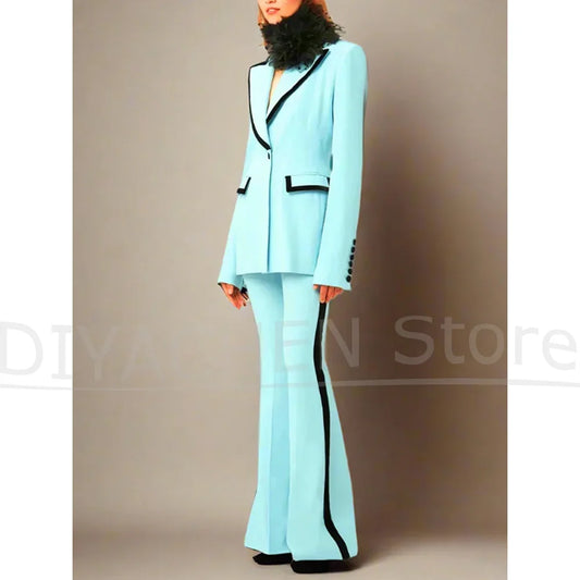 New Women's Suit Set with Black Trim Fashion Blazer with Flared Pants Two Piece Vintage Elegant Wedding Party Prom Suits