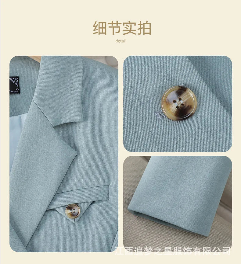 Blue Suit Women 2024 New Spring High End Fashion Temperament Professional Short Blazer And Pants Sets Office Ladies Work Wear