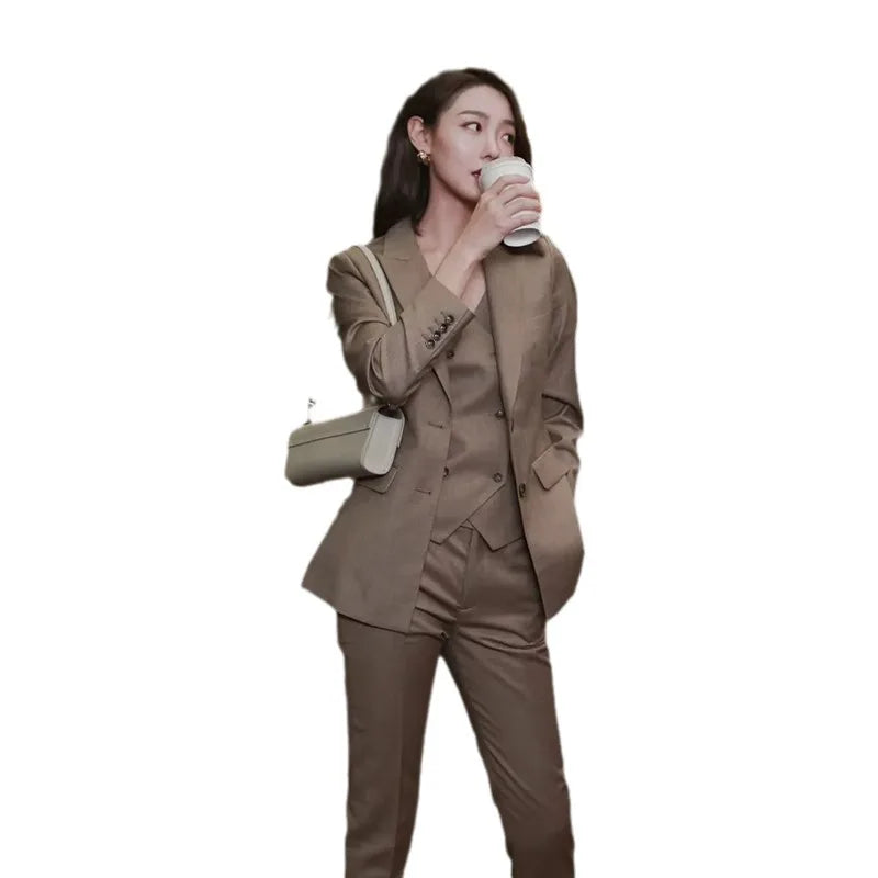 Elegant Brown Women's Suit Jacket Vest Pants Autumn New Style Hostess Sound Art Examination Workwear High Waist Long Pants Set