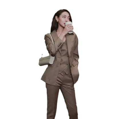 Elegant Brown Women's Suit Jacket Vest Pants Autumn New Style Hostess Sound Art Examination Workwear High Waist Long Pants Set