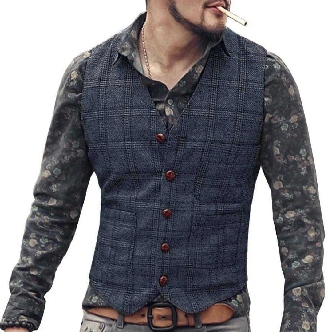 Men's Vest Gray Checkered Single Button V-Neck Waistcoat for Wedding & Business
