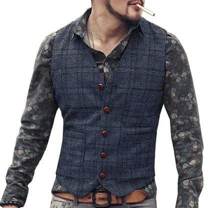 Men's Vest Gray Checkered Single Button V-Neck Waistcoat for Wedding & Business