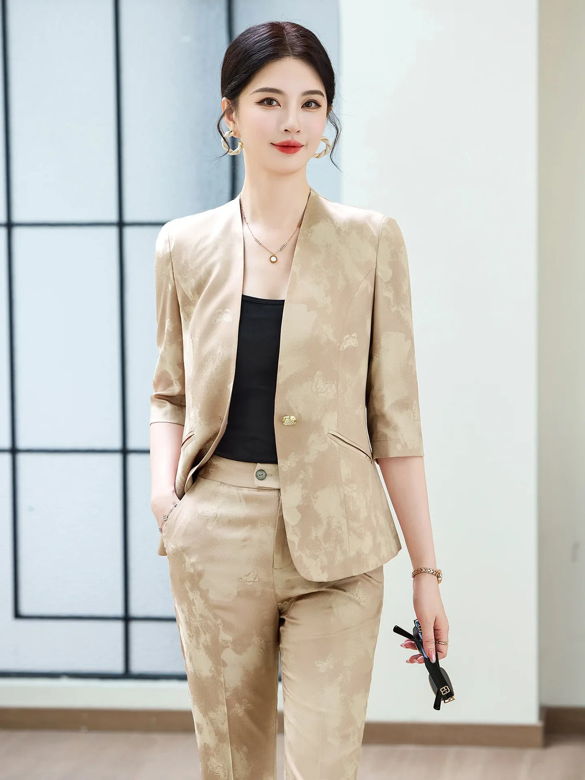 Fashion Office Ladies Blazer and Pants Suit Formal V Neck Half Sleeve Women Jacket Trouser Women Business Work Wear 2 Piece Set