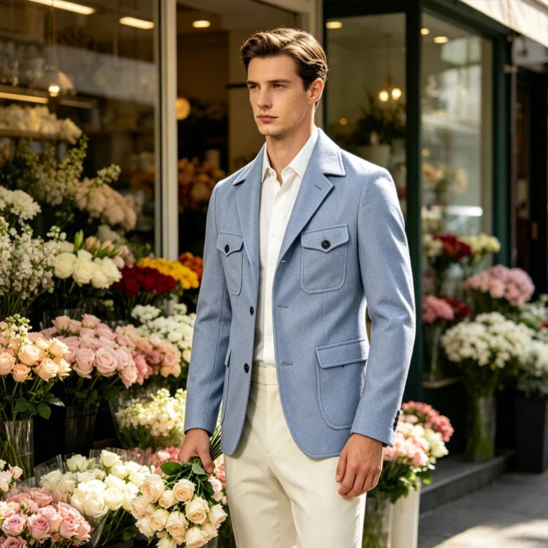 Men's Wool Blazer Notched Lapel Slim Fit 3 Buttons Suit Jacket Multi Pockets Casual Business Autumn Winter Dress Coat Daily Wear