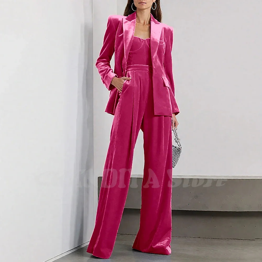 Velvet Women Pants Sets 2 Piece Fashion Peak Lapel Single Breasted Wear Chic Party Casual Office Lady Suits (Blazer+Pants)
