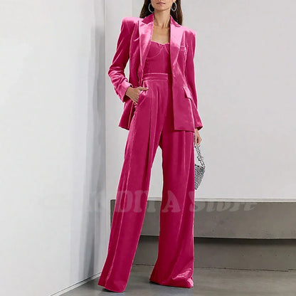 Velvet Women Pants Sets 2 Piece Fashion Peak Lapel Single Breasted Wear Chic Party Casual Office Lady Suits (Blazer+Pants)